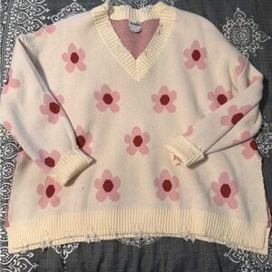 ARULA Floral V-Neck Sweater in Cream and Pink